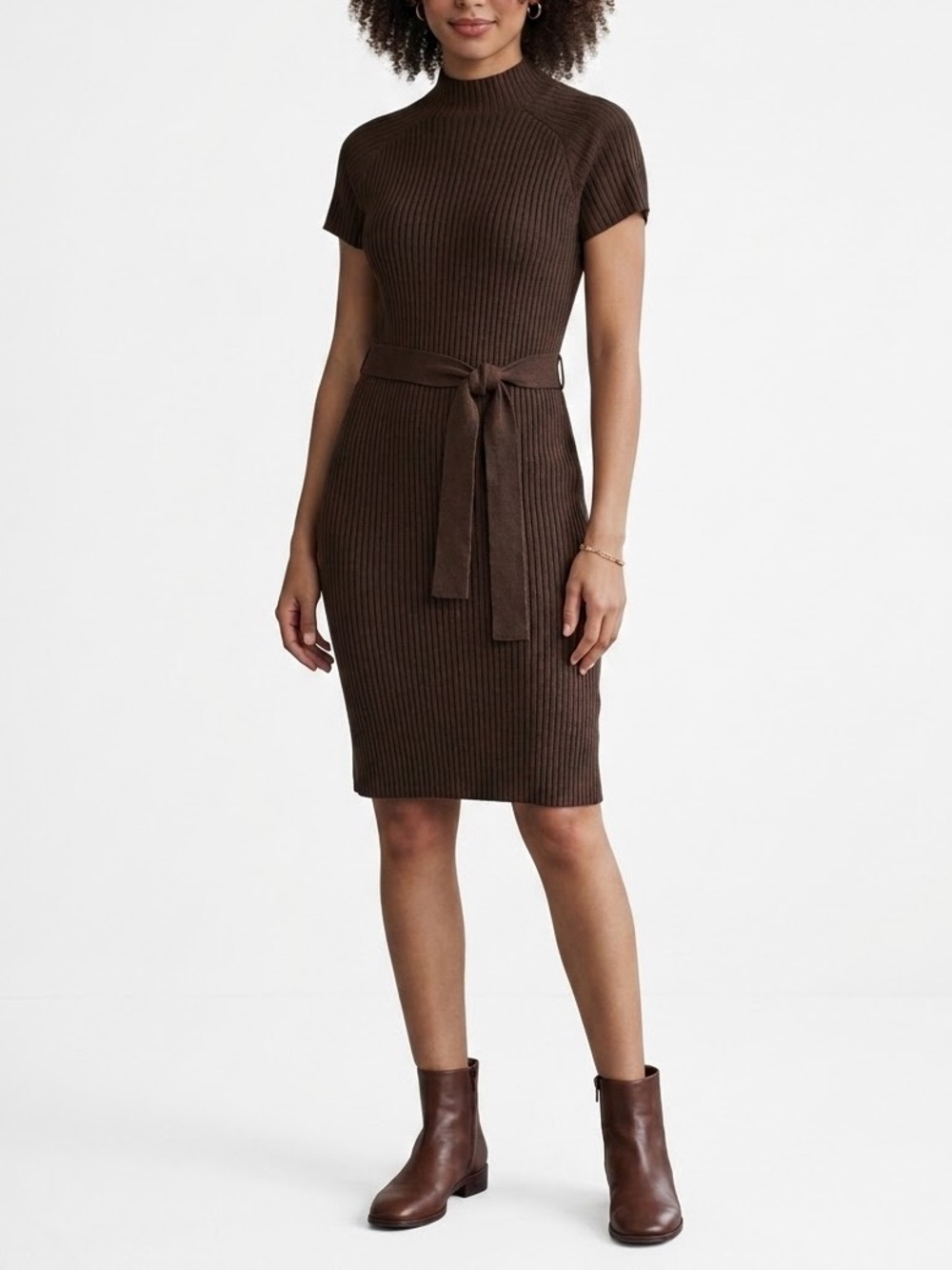 Brown Ribbed Knit Belted Dress